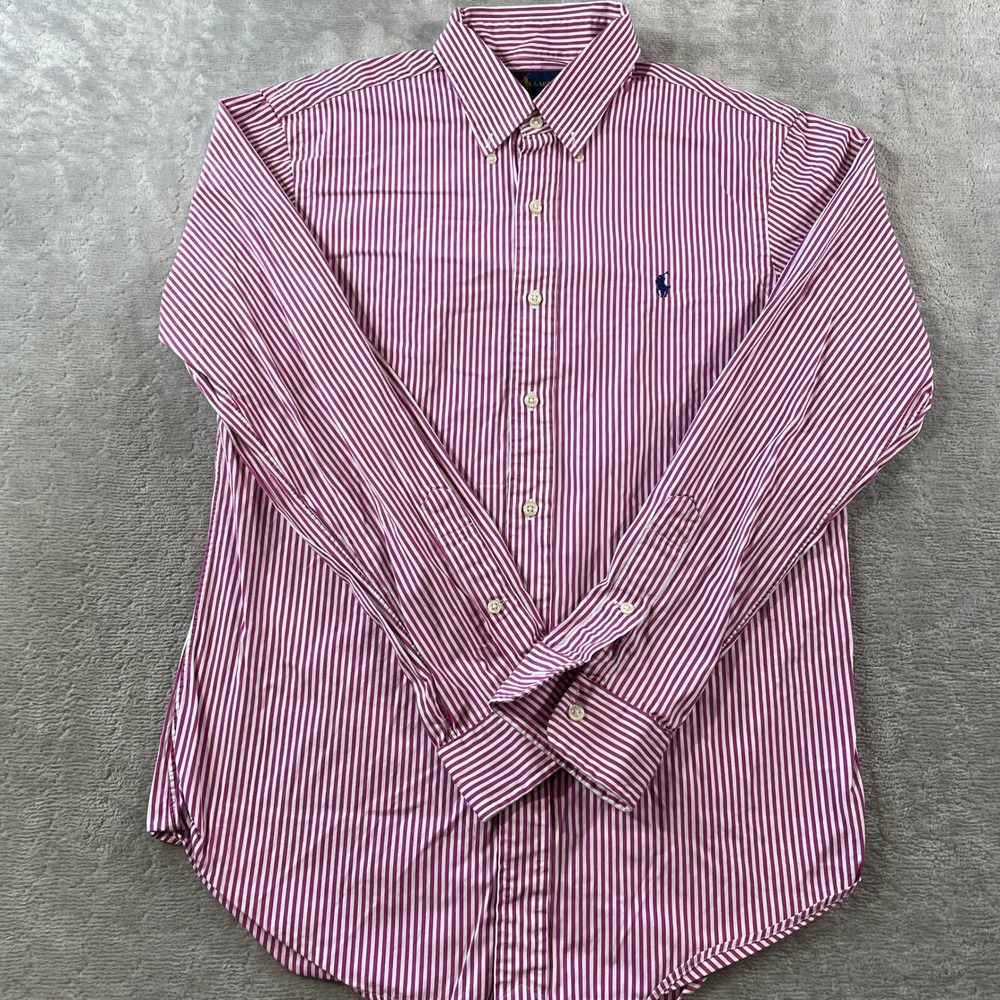 Ralph Lauren Dress Shirt Mens Medium Pink Slim Fit Striped Button Office Preppy